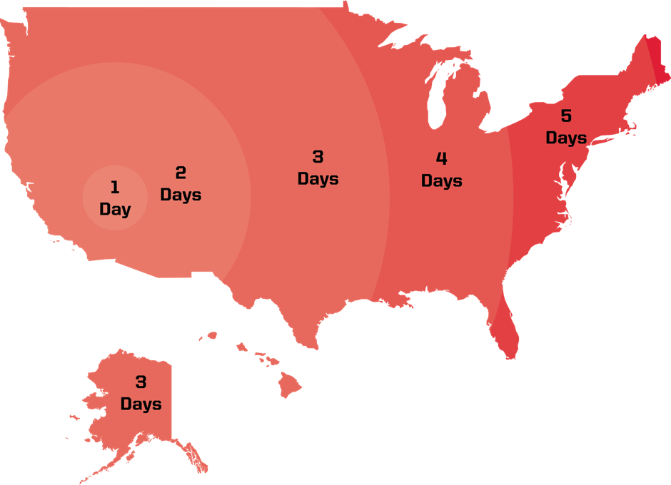 Shipping map showing 1-2 day shipping on the west coast and 3-5 day shipping to the east coast