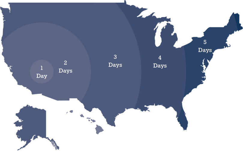 Shipping map showing 1-2 day shipping on the west coast and 3-5 day shipping to the east coast
