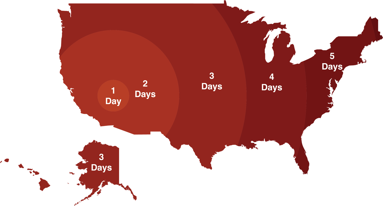 Shipping map showing 1-2 day shipping on the west coast and 3-5 day shipping to the east coast