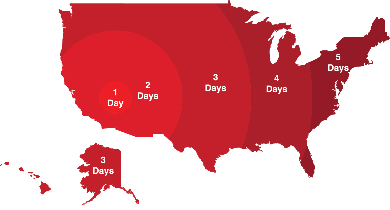 Shipping map showing 1-2 day shipping on the west coast and 3-5 day shipping to the east coast