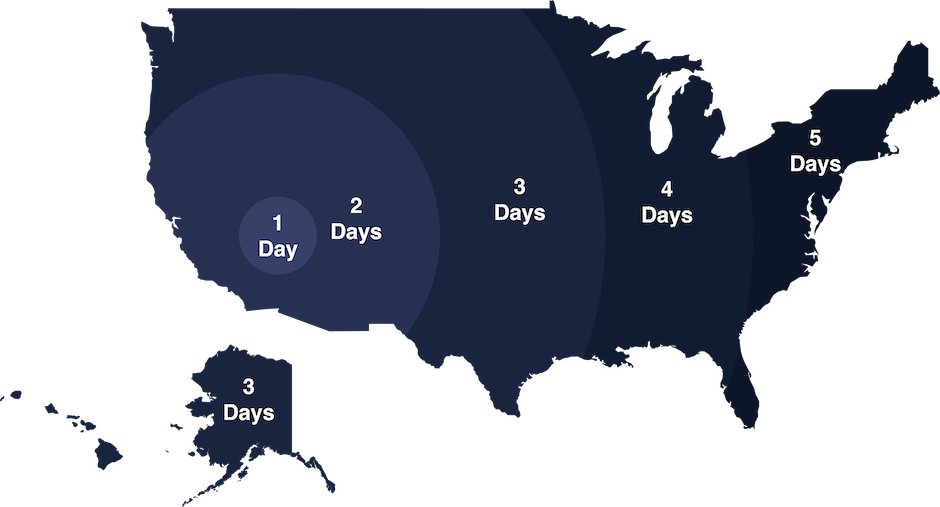 Shipping map showing 1-2 day shipping on the west coast and 3-5 day shipping to the east coast