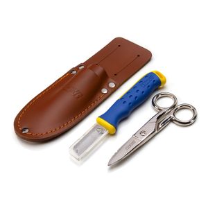 Serrated Blade Cable Splicing Scissors and Sheepsfoot Cable Splicing Knife Set with Leather Sheath