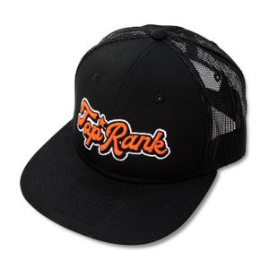Top Rank Font Logo Trucker Style Cotton / Mesh Snapback Hat, Orange and White on Black